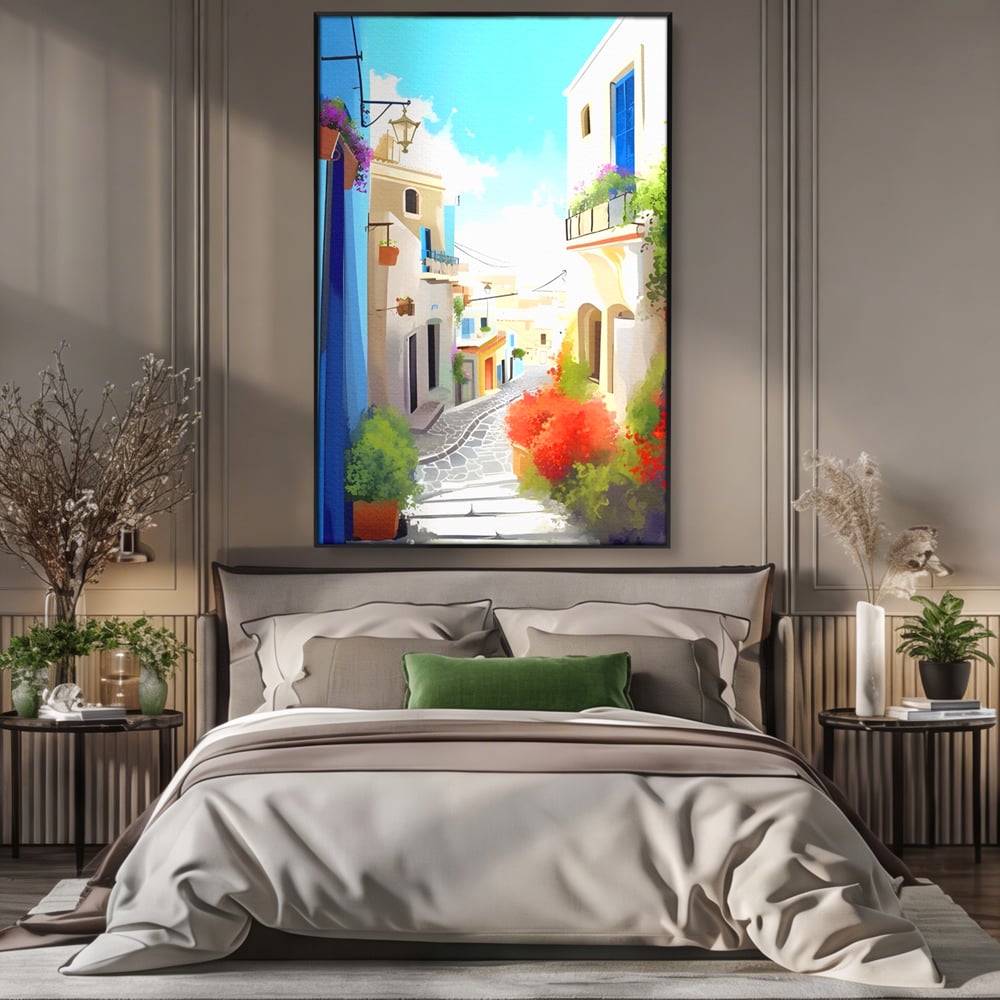 Tablou canvas cu ilustratie digitala cu strada mediteraneana, in rama de aluminiu negru, pe perete intr-un dormitor
